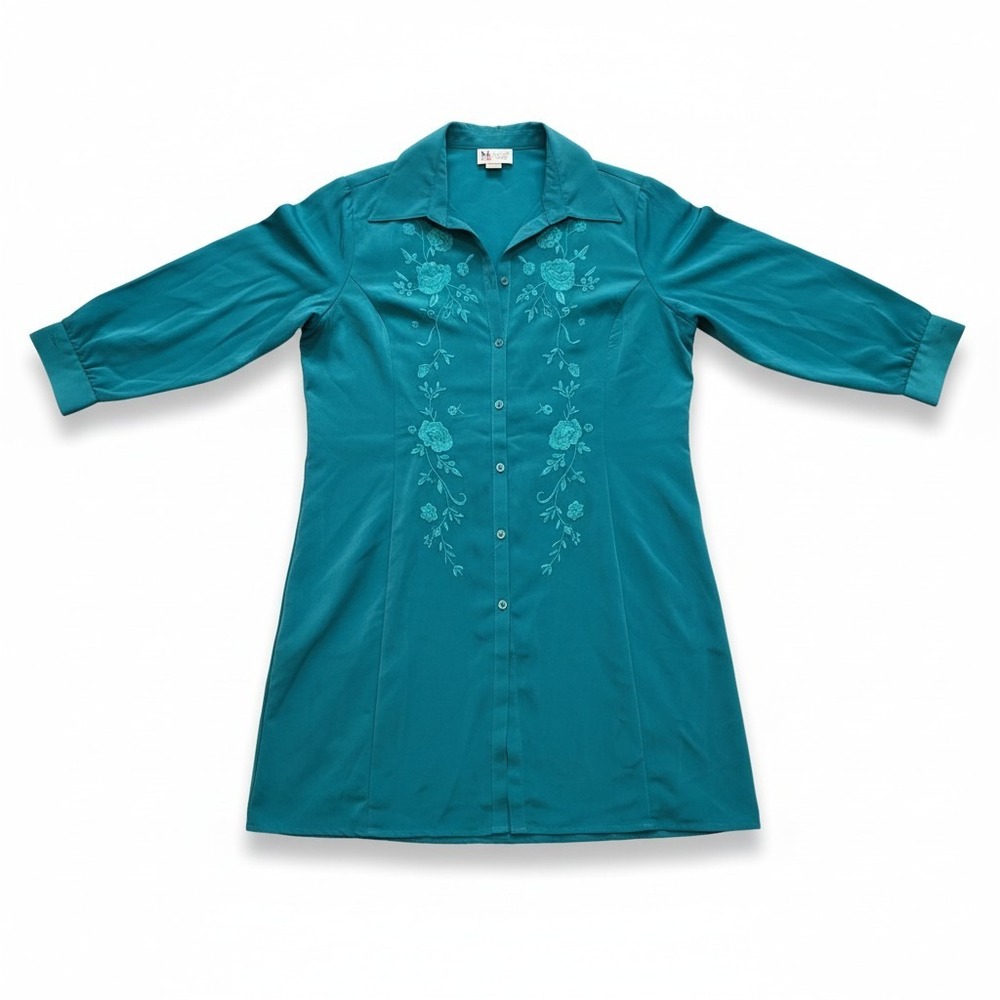 Maggie Sweet Teal Blue Floral Embroidered Button Down Tunic Top Large 5755